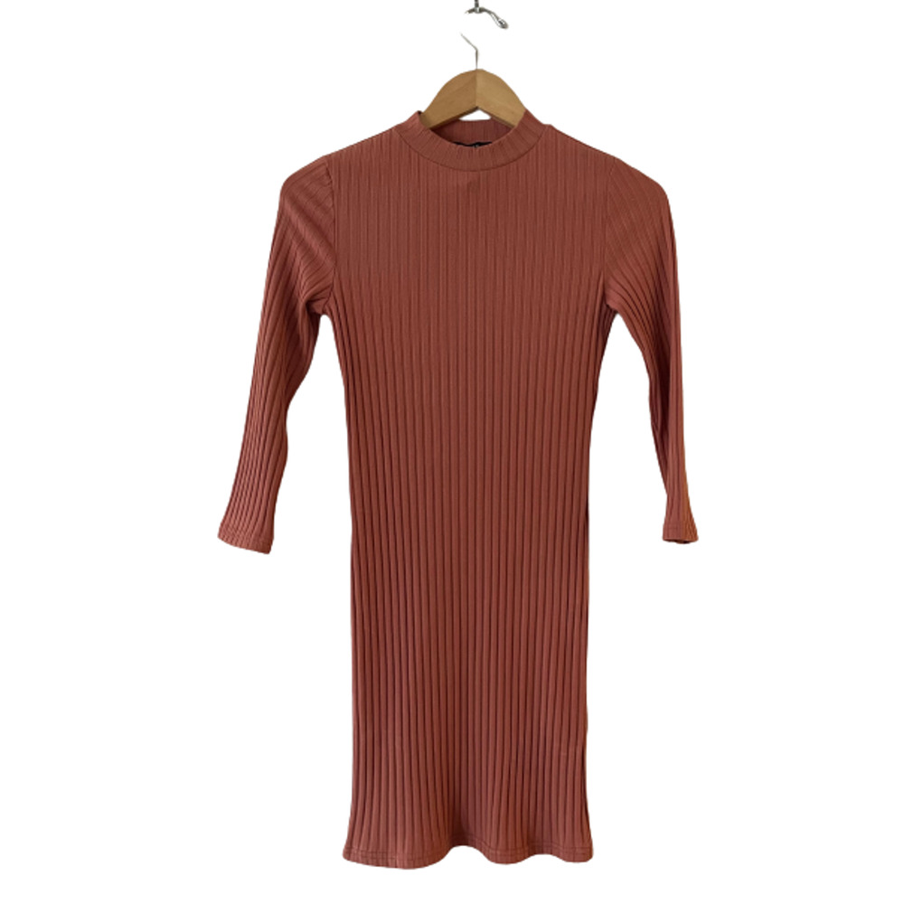 Forever 21 Ribbed Mock Neck 3/4 Sleeve Bodycon Dress Size M Rust Orange New